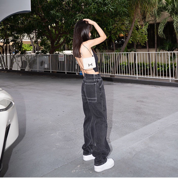 Jiashucheng Quần Denim Ống Rộng Lưng Cao Phong Cách Mới Xuân Hè Cho Nữ