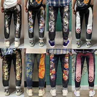 Quần jeans dài ống đứng phối lưới cỡ lớn thêu họa tiết m cá tính cho nam