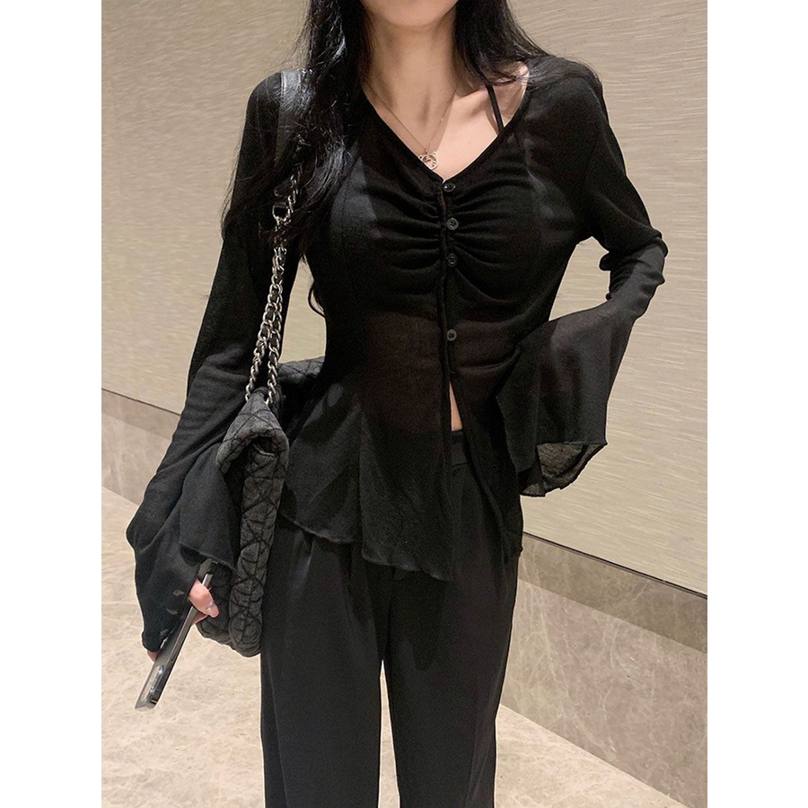 Jiashucheng Áo Khoác Cardigan Chống Nắng Tay Dài Loe Cổ Chữ V Thiết Kế Mỏng Thời Trang Mùa Hè 2023 Phong Cách Mới Dành Cho Bạn Nữ