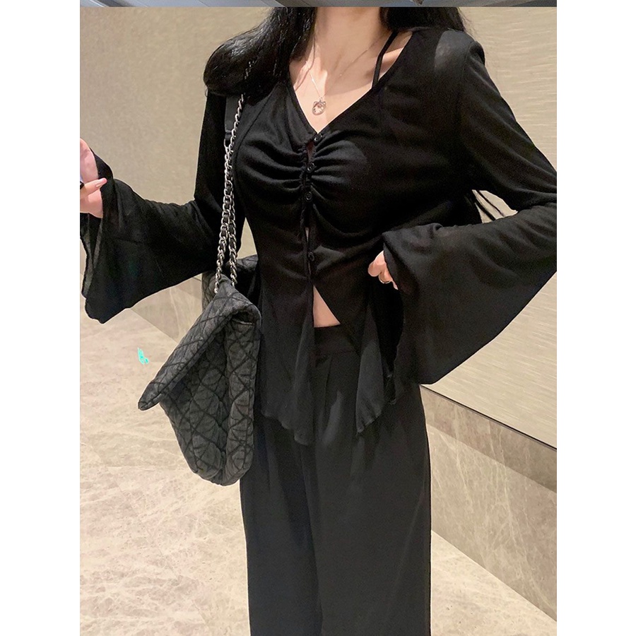 Jiashucheng Áo Khoác Cardigan Chống Nắng Tay Dài Loe Cổ Chữ V Thiết Kế Mỏng Thời Trang Mùa Hè 2023 Phong Cách Mới Dành Cho Bạn Nữ