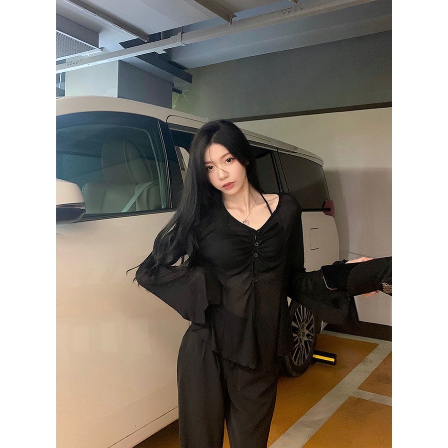 Jiashucheng Áo Khoác Cardigan Chống Nắng Tay Dài Loe Cổ Chữ V Thiết Kế Mỏng Thời Trang Mùa Hè 2023 Phong Cách Mới Dành Cho Bạn Nữ