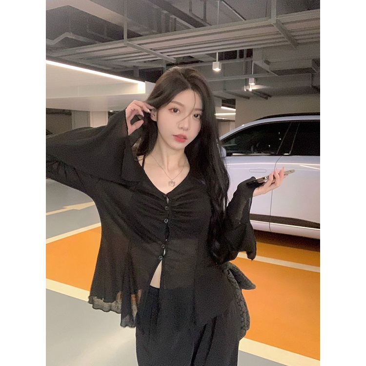 Jiashucheng Áo Khoác Cardigan Chống Nắng Tay Dài Loe Cổ Chữ V Thiết Kế Mỏng Thời Trang Mùa Hè 2023 Phong Cách Mới Dành Cho Bạn Nữ