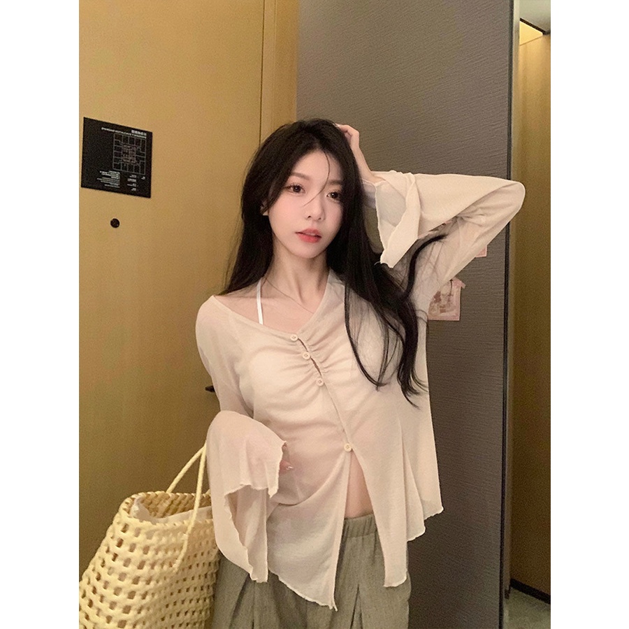 Jiashucheng Áo Khoác Cardigan Chống Nắng Tay Dài Loe Cổ Chữ V Thiết Kế Mỏng Thời Trang Mùa Hè 2023 Phong Cách Mới Dành Cho Bạn Nữ