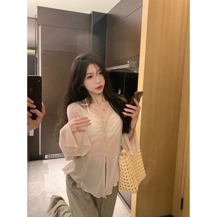 Jiashucheng Áo Khoác Cardigan Chống Nắng Tay Dài Loe Cổ Chữ V Thiết Kế Mỏng Thời Trang Mùa Hè 2023 Phong Cách Mới Dành Cho Bạn Nữ