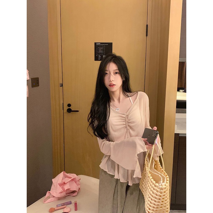 Jiashucheng Áo Khoác Cardigan Chống Nắng Tay Dài Loe Cổ Chữ V Thiết Kế Mỏng Thời Trang Mùa Hè 2023 Phong Cách Mới Dành Cho Bạn Nữ