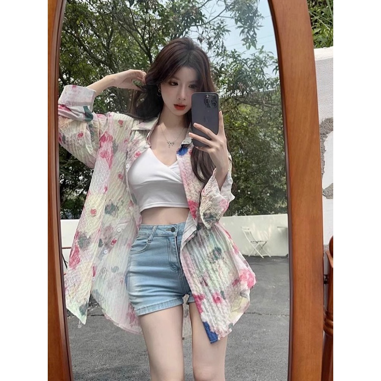 Jiashucheng Áo Sơ Mi Voan Mỏng Dáng Rộng Họa Tiết Hoa Phong Cách Pháp Thời Trang Mùa Hè Dành Cho Nữ