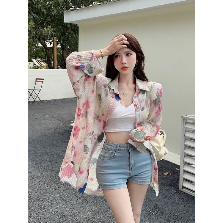 Jiashucheng Áo Sơ Mi Voan Mỏng Dáng Rộng Họa Tiết Hoa Phong Cách Pháp Thời Trang Mùa Hè Dành Cho Nữ