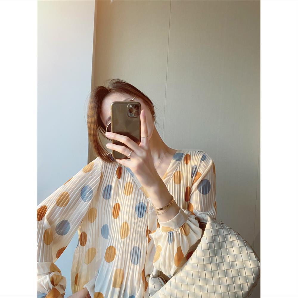 Jiashucheng Áo Sơ Mi Chiffon Tay Dài Cổ Chữ V Xếp Ly Họa Tiết Chấm Bi Phong Cách Retro Dành Cho Nữ