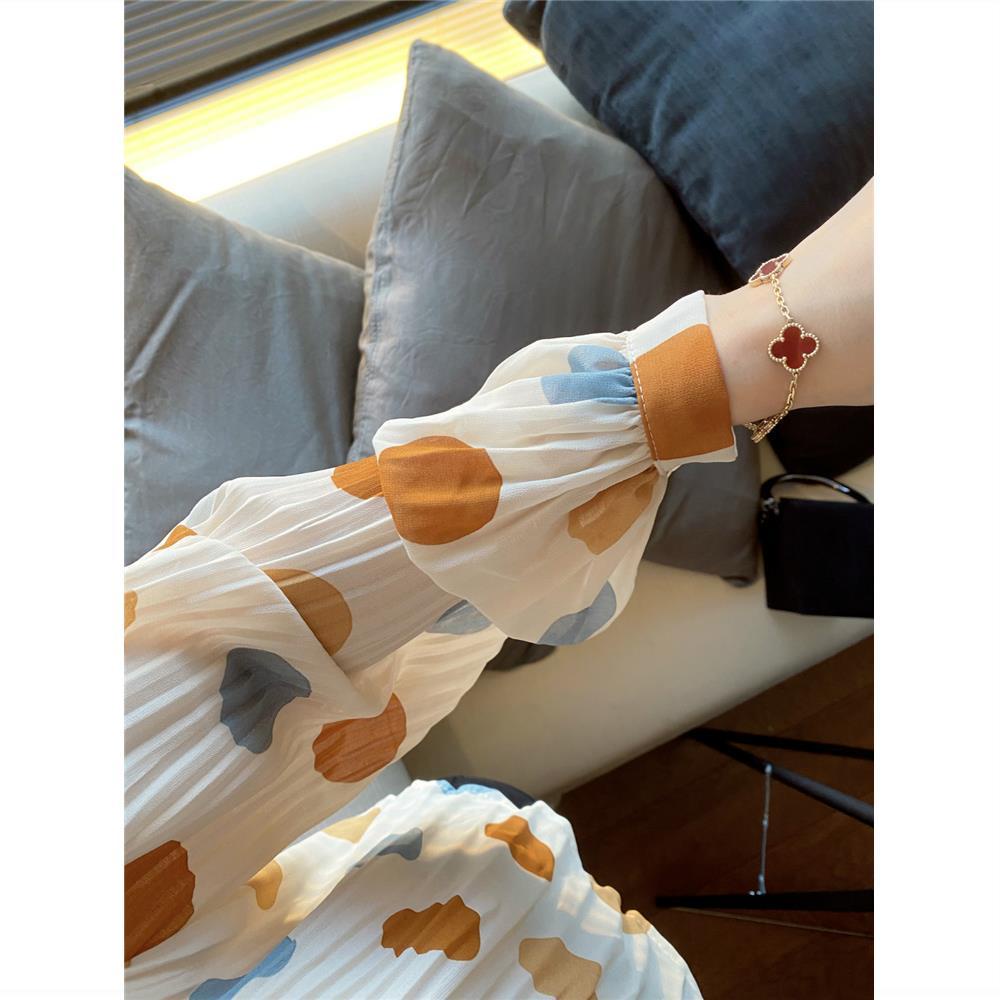 Jiashucheng Áo Sơ Mi Chiffon Tay Dài Cổ Chữ V Xếp Ly Họa Tiết Chấm Bi Phong Cách Retro Dành Cho Nữ