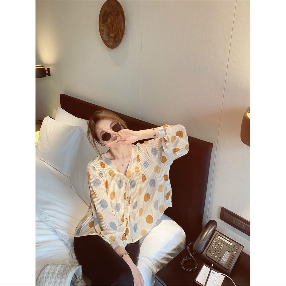 Jiashucheng Áo Sơ Mi Chiffon Tay Dài Cổ Chữ V Xếp Ly Họa Tiết Chấm Bi Phong Cách Retro Dành Cho Nữ