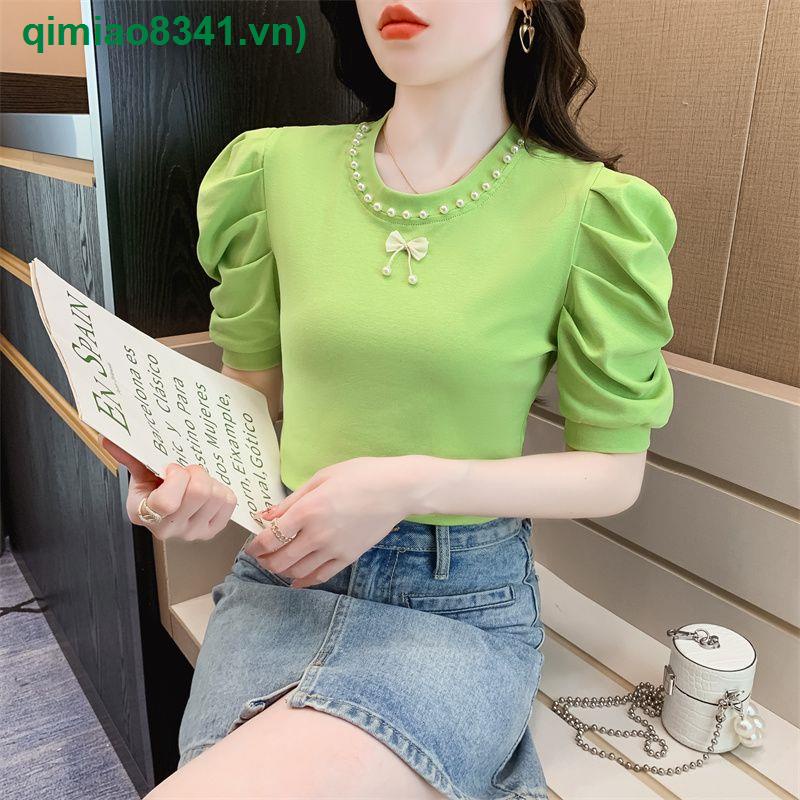 Áo Kiểu Tay Phồng Ngắn Cổ Tròn Dáng Ôm Họa Tiết Hoa Đính Hạt Thời Trang Cho Nữ