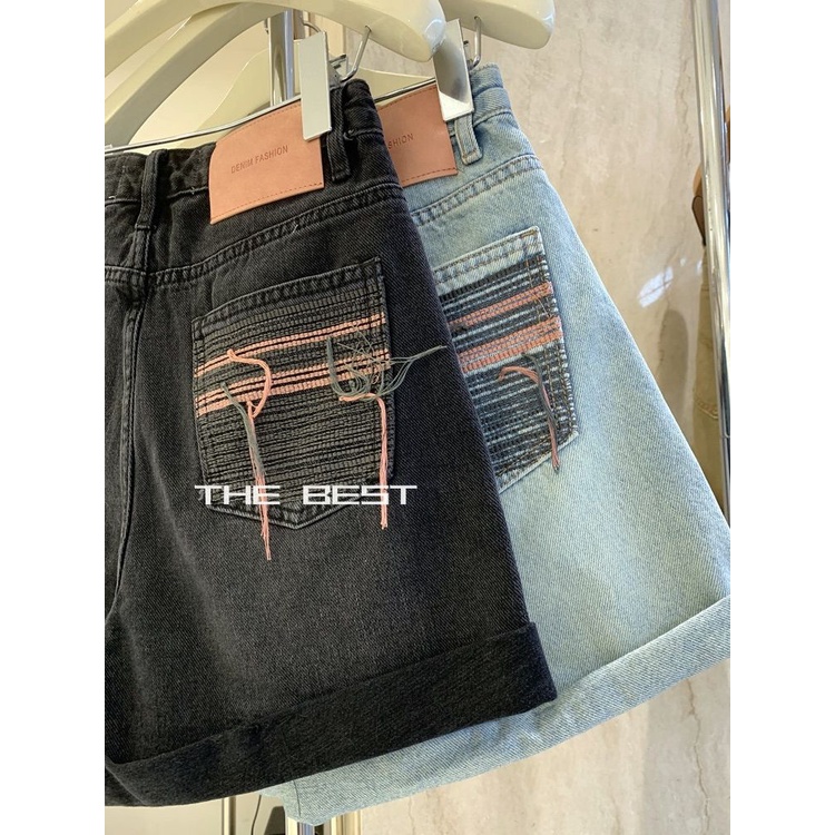 Jiashucheng Quần Short Denim Dáng Chữ A Lưng Cao Phối Túi Màu Tương Phản Phong Cách Châu Âu Thời Trang Mùa Hè Mới