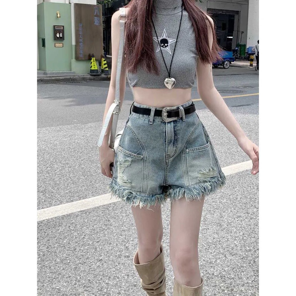 Jiashucheng Quần Short Denim Tua Rua Dáng Chữ a Lưng Cao Ôm Dáng Vừa Vặn Phong Cách Hàn Quốc @ -