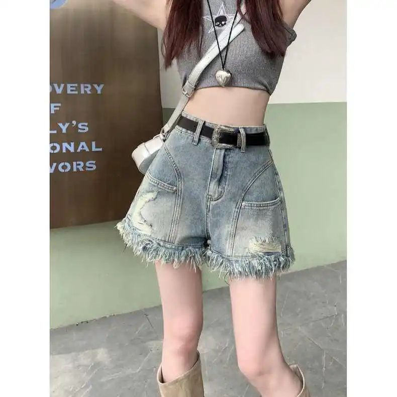 Jiashucheng Quần Short Denim Tua Rua Dáng Chữ a Lưng Cao Ôm Dáng Vừa Vặn Phong Cách Hàn Quốc @ -