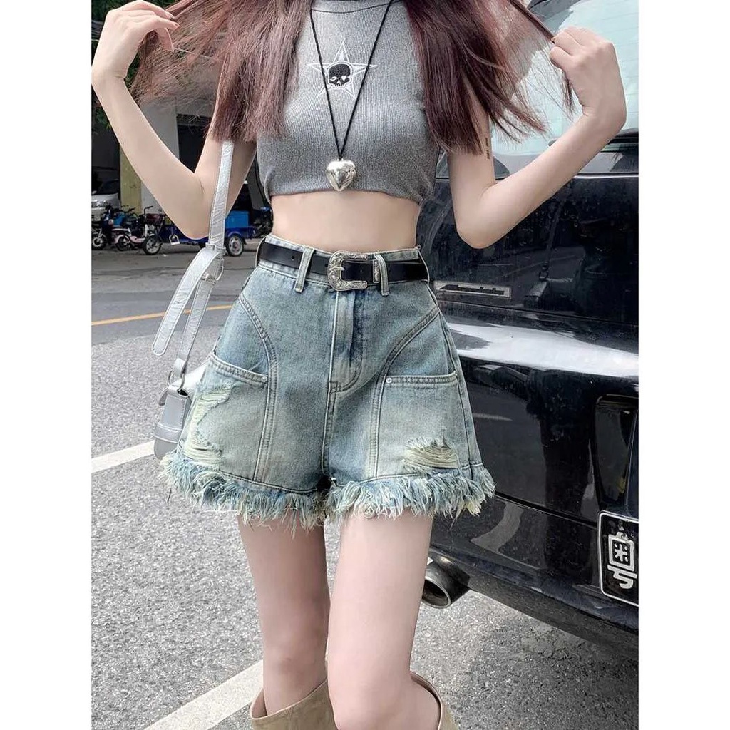 Jiashucheng Quần Short Denim Tua Rua Dáng Chữ a Lưng Cao Ôm Dáng Vừa Vặn Phong Cách Hàn Quốc @ -