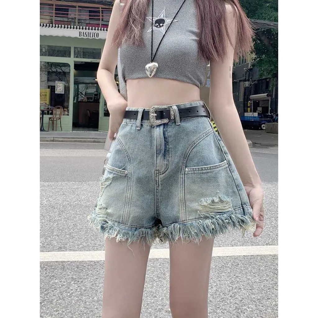 Jiashucheng Quần Short Denim Tua Rua Dáng Chữ a Lưng Cao Ôm Dáng Vừa Vặn Phong Cách Hàn Quốc @ -