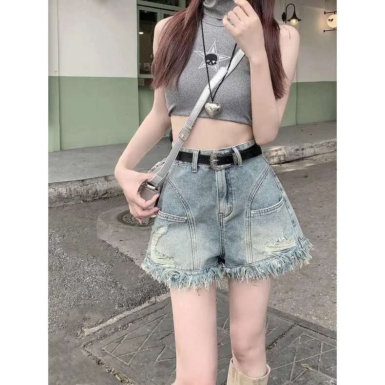Jiashucheng Quần Short Denim Tua Rua Dáng Chữ a Lưng Cao Ôm Dáng Vừa Vặn Phong Cách Hàn Quốc @ -