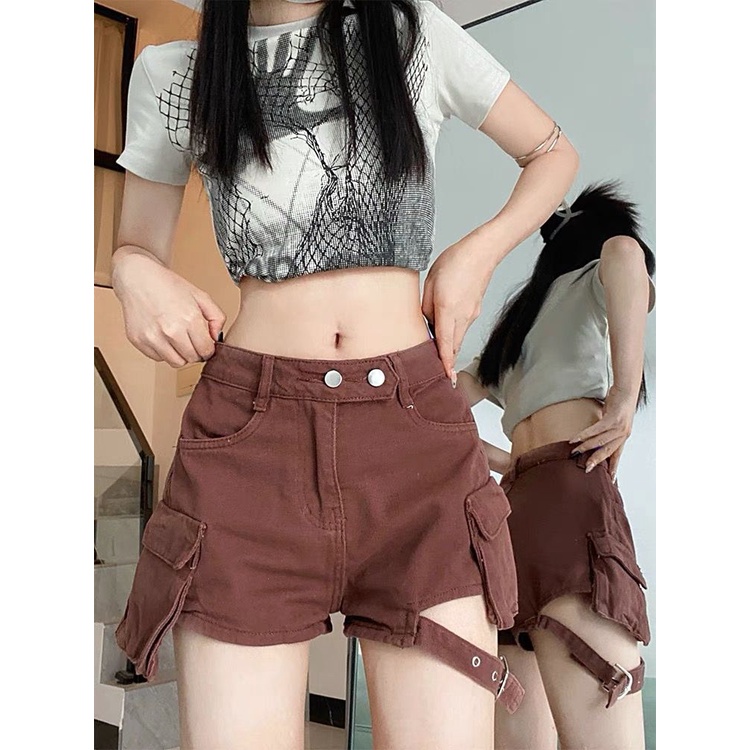 Jiashucheng Quần Short Denim Lưng Cao Phối Hai Túi Màu Cà Phê Phong Cách Retro Mỹ Thời Trang Mùa Hè Mới Cho Nữ