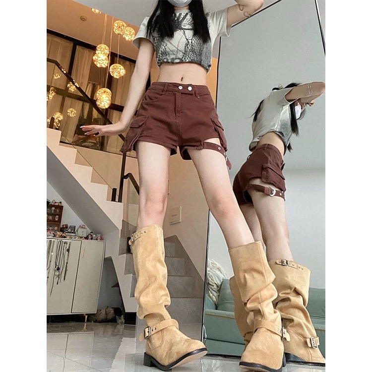 Jiashucheng Quần Short Denim Lưng Cao Phối Hai Túi Màu Cà Phê Phong Cách Retro Mỹ Thời Trang Mùa Hè Mới Cho Nữ