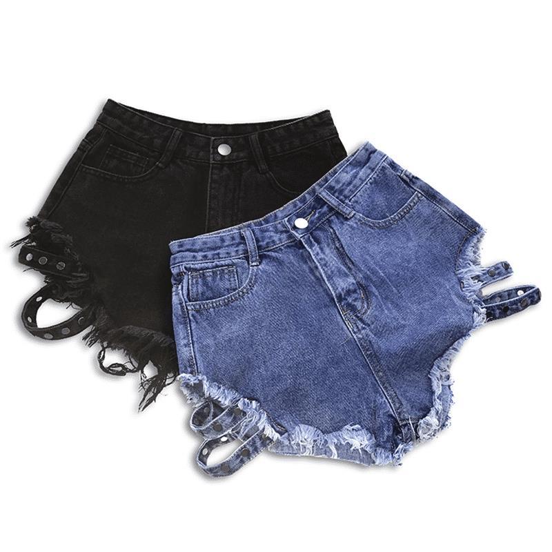 Jiashucheng Influencer Quần Short Denim Dáng Chữ a Lưng Cao Ống Rộng Rách Thời Trang Mùa Hè Quyến Rũ Cho Nữ