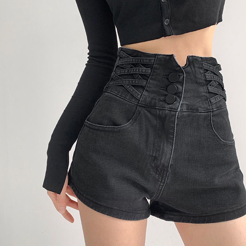 Jiashucheng Quần Short Denim Lưng Cao Ôm Bụng Chéo Nhỏ Phù Hợp Với Tất Cả @ -