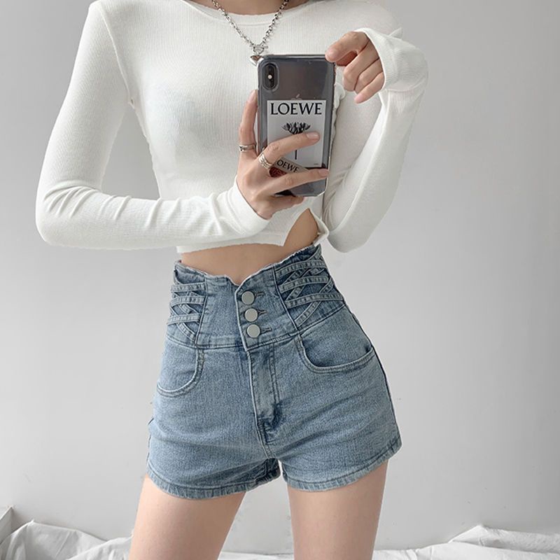 Jiashucheng Quần Short Denim Lưng Cao Ôm Bụng Chéo Nhỏ Phù Hợp Với Tất Cả @ -