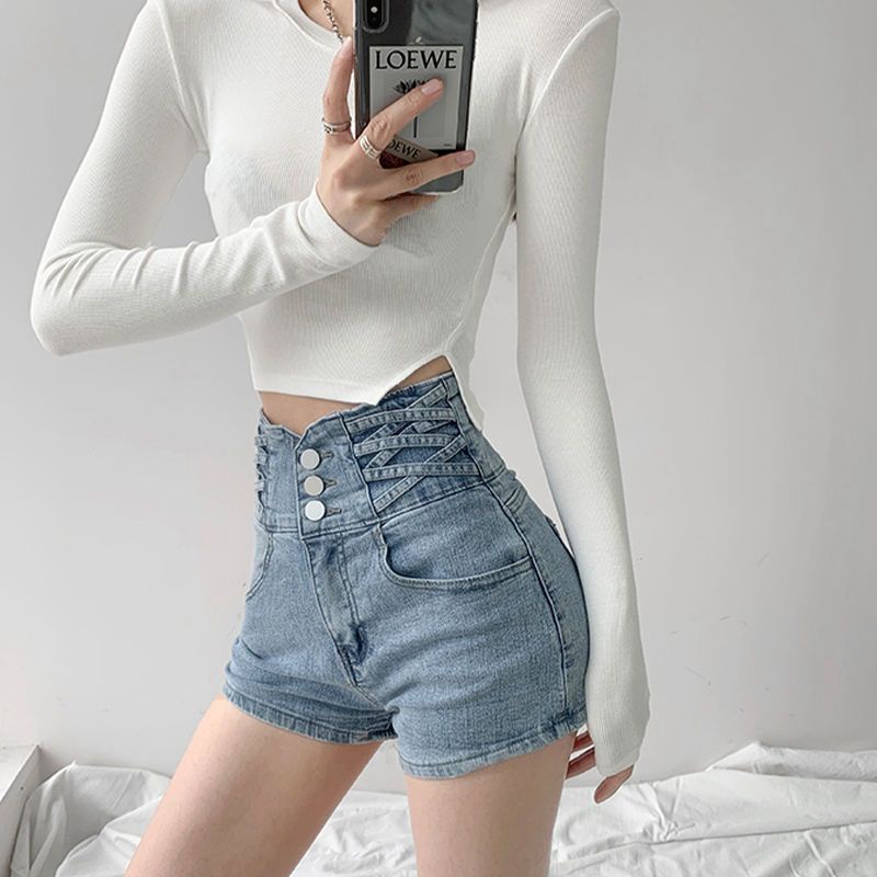 Jiashucheng Quần Short Denim Lưng Cao Ôm Bụng Chéo Nhỏ Phù Hợp Với Tất Cả @ -