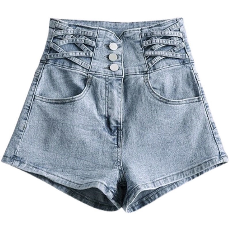 Jiashucheng Quần Short Denim Lưng Cao Ôm Bụng Chéo Nhỏ Phù Hợp Với Tất Cả @ -