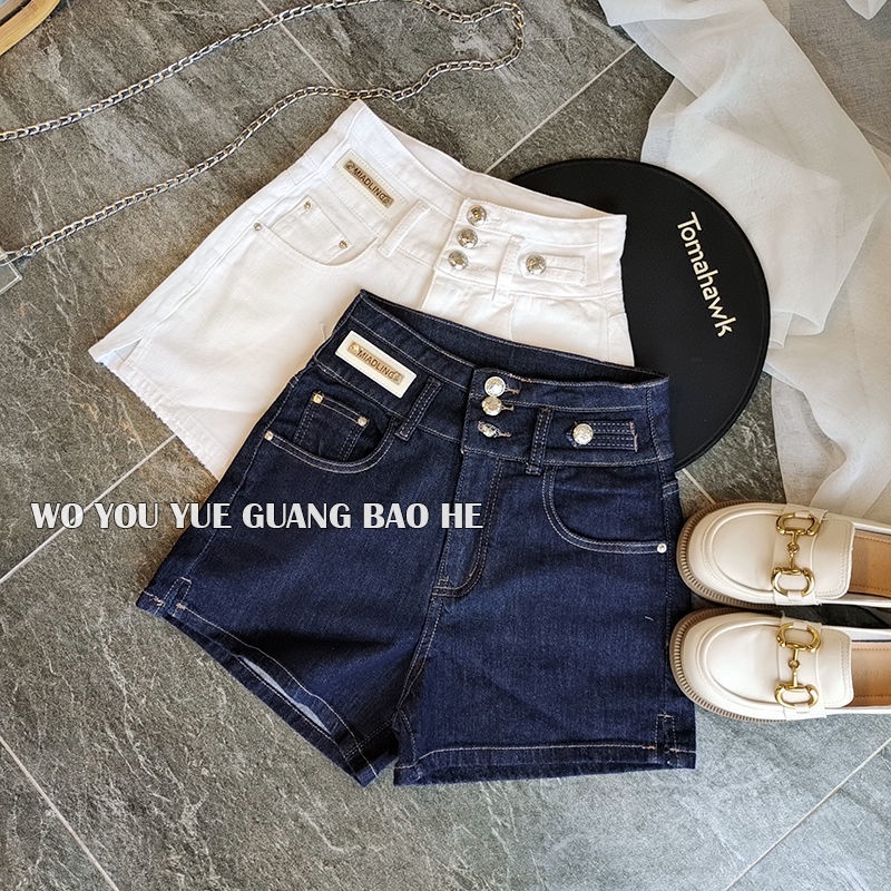 Jiashucheng Quần Short Denim Lưng Cao Ống Rộng Xẻ Tà Màu Xanh Đậm Thời Trang Mùa Hè Phong Cách Hàn Quốc Mới Cho Nữ