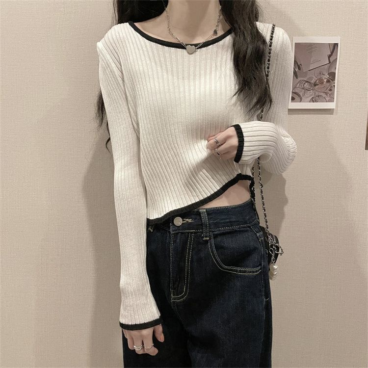 Jiashucheng Áo Dệt Kim Ngắn Dài Tay Ôm Dáng Lưng Cao Phong Cách Thu Đông Mới Cho Nữ