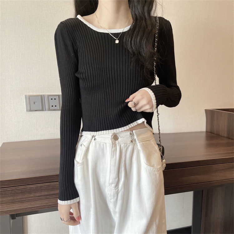 Jiashucheng Áo Dệt Kim Ngắn Dài Tay Ôm Dáng Lưng Cao Phong Cách Thu Đông Mới Cho Nữ