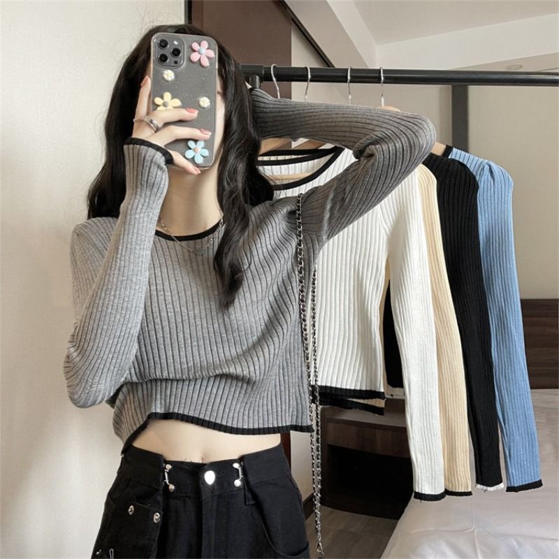 Jiashucheng Áo Dệt Kim Ngắn Dài Tay Ôm Dáng Lưng Cao Phong Cách Thu Đông Mới Cho Nữ