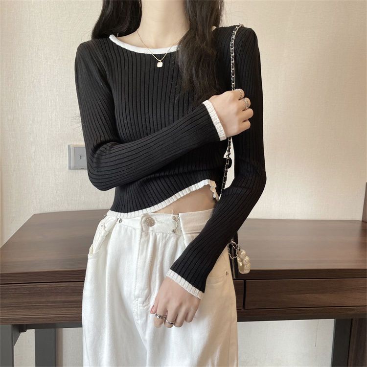 Jiashucheng Áo Dệt Kim Ngắn Dài Tay Ôm Dáng Lưng Cao Phong Cách Thu Đông Mới Cho Nữ