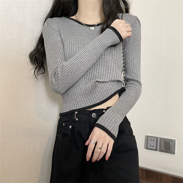 Jiashucheng Áo Dệt Kim Ngắn Dài Tay Ôm Dáng Lưng Cao Phong Cách Thu Đông Mới Cho Nữ