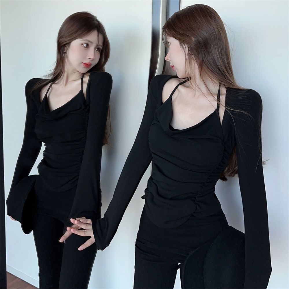 Jiashucheng Áo Thun Tay Dài Giả Hai Mảnh Thiết Kế Cổ Yếm Phong Cách Mới Mùa Xuân Độc Đáo Cho Nữ