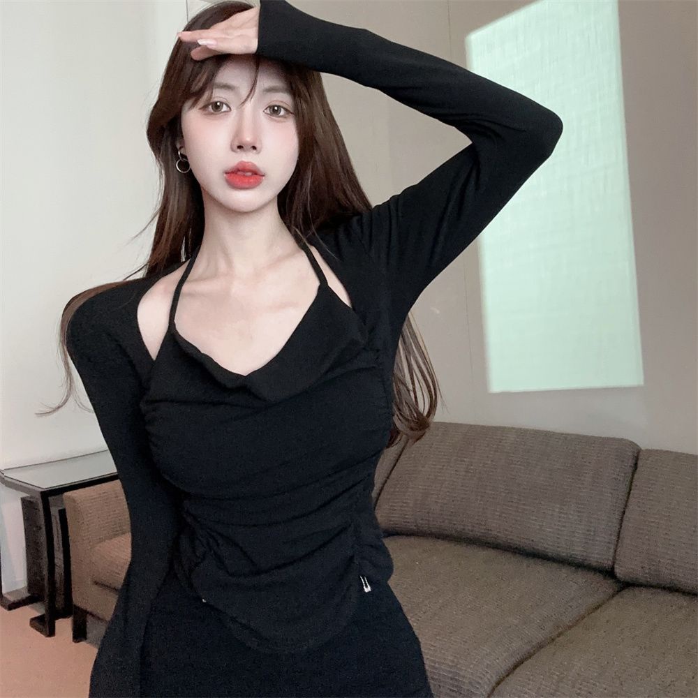 Jiashucheng Áo Thun Tay Dài Giả Hai Mảnh Thiết Kế Cổ Yếm Phong Cách Mới Mùa Xuân Độc Đáo Cho Nữ