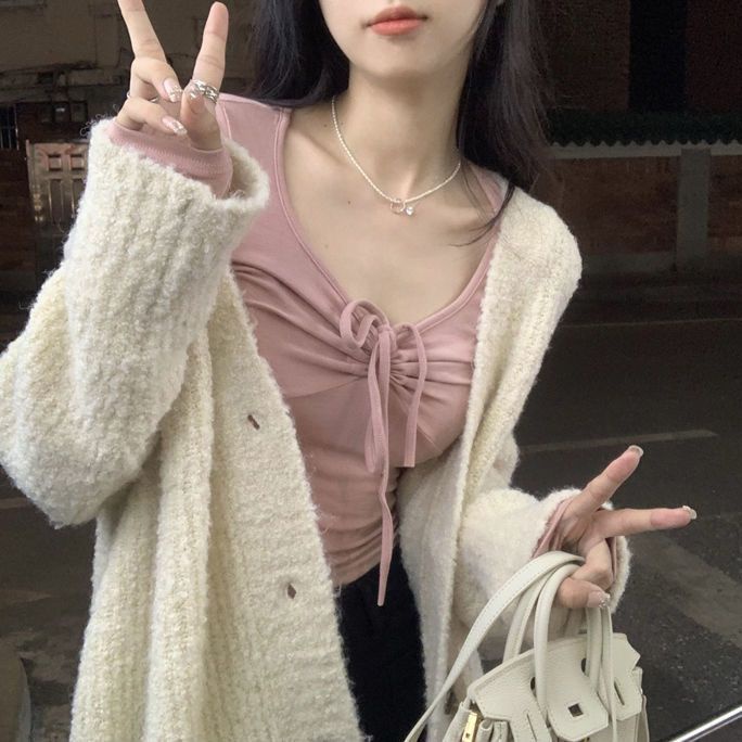 Jiashucheng Áo Thun Cotton Tay Dài Cổ Chữ V Thắt Dây Thời Trang Thu Đông Dành Cho Nữ