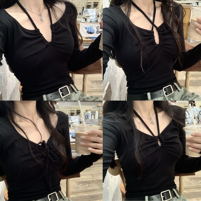 Jiashucheng Áo Thun Cotton Tay Dài Cổ Chữ V Thắt Dây Thời Trang Thu Đông Dành Cho Nữ