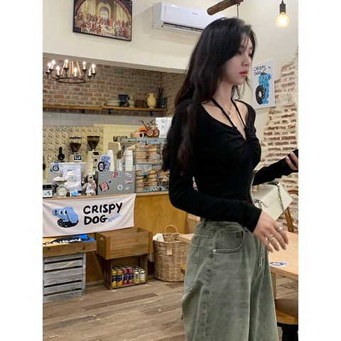 Jiashucheng Áo Thun Cotton Tay Dài Cổ Chữ V Thắt Dây Thời Trang Thu Đông Dành Cho Nữ