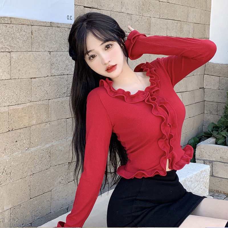 Jiashucheng Áo Thun Dáng Ngắn Lưng Cao Thời Trang Xuân Thu Pháp Cho Nữ