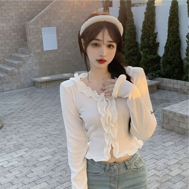 Jiashucheng Áo Thun Dáng Ngắn Lưng Cao Thời Trang Xuân Thu Pháp Cho Nữ