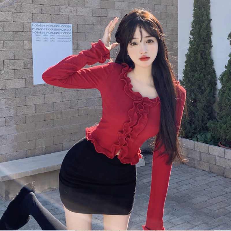 Jiashucheng Áo Thun Dáng Ngắn Lưng Cao Thời Trang Xuân Thu Pháp Cho Nữ