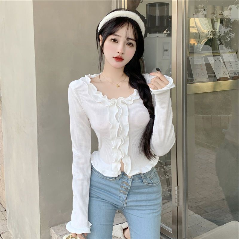 Jiashucheng Áo Thun Dáng Ngắn Lưng Cao Thời Trang Xuân Thu Pháp Cho Nữ