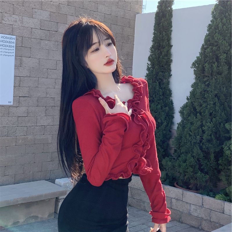 Jiashucheng Áo Thun Dáng Ngắn Lưng Cao Thời Trang Xuân Thu Pháp Cho Nữ