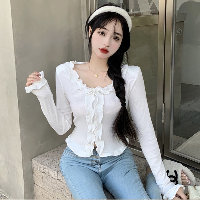 Jiashucheng Áo Thun Dáng Ngắn Lưng Cao Thời Trang Xuân Thu Pháp Cho Nữ