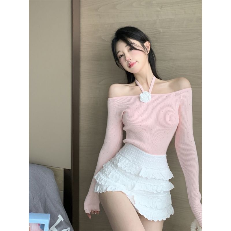 Jiashucheng Áo Sơ Mi Ngắn Mỏng Tay Dài Hở Vai Mùa Thu Màu Hồng Ngọt Ngào Cho Nữ