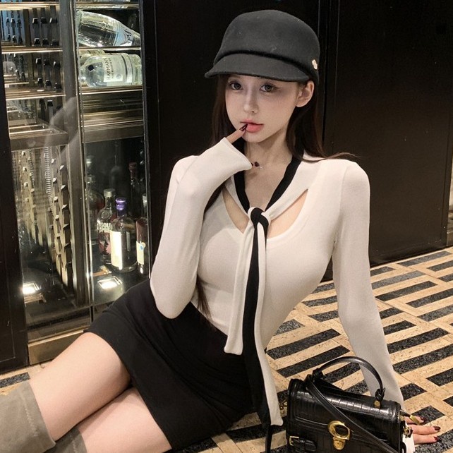 Jiashucheng Áo Sơ Mi Cổ Chữ v Buộc Dây Dáng Ôm Thiết Kế Độc Đáo Thời Trang Thu Đông Quyến Rũ Cho Nữ