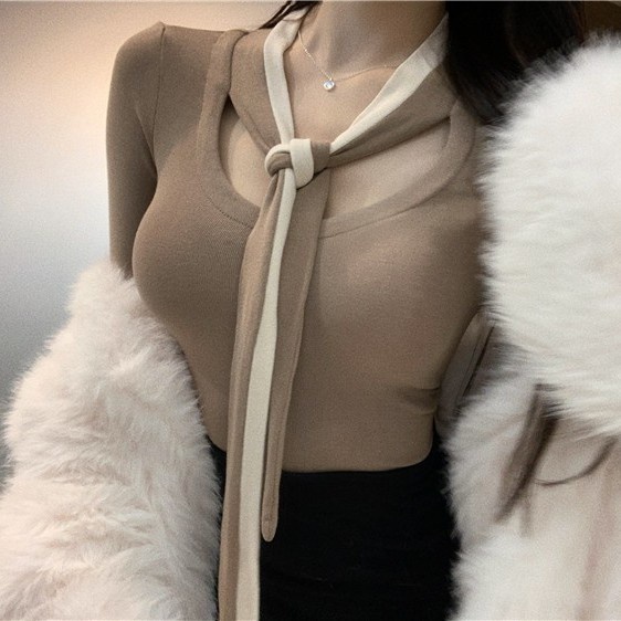 Jiashucheng Áo Sơ Mi Cổ Chữ v Buộc Dây Dáng Ôm Thiết Kế Độc Đáo Thời Trang Thu Đông Quyến Rũ Cho Nữ