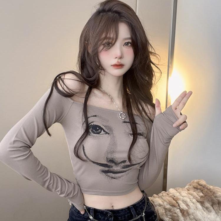 Jiashucheng Áo Thun Tay Dài Trễ Vai Dáng Ôm In Họa Tiết Thời Trang Quyến Rũ Cho Nữ