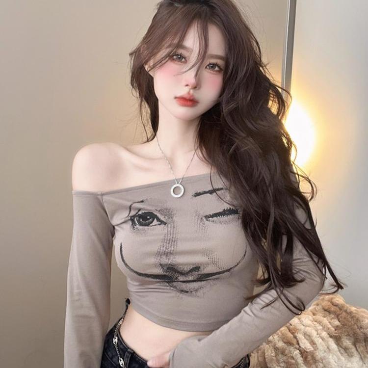 Jiashucheng Áo Thun Tay Dài Trễ Vai Dáng Ôm In Họa Tiết Thời Trang Quyến Rũ Cho Nữ
